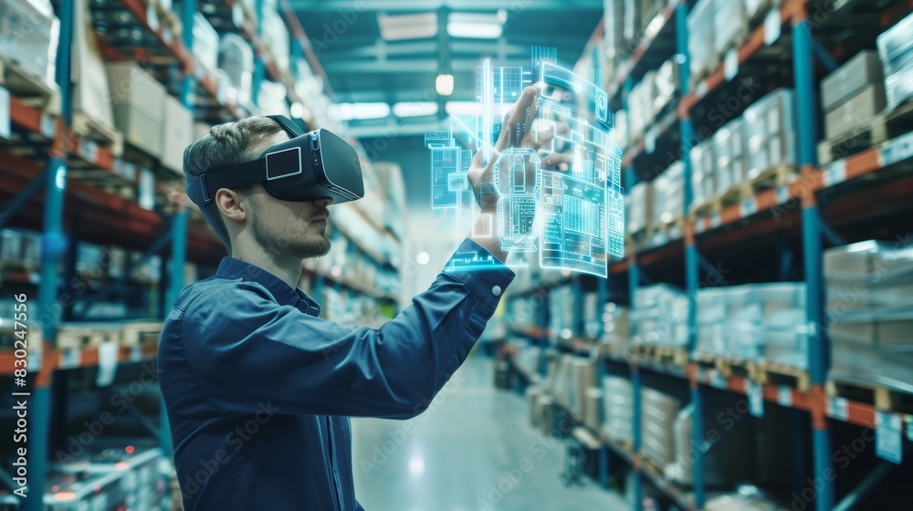 Man wearing VR headset interacting with virtual interface in a warehouse. Industrial technology and augmented reality concept