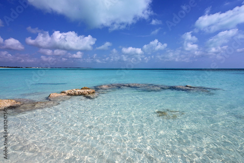 Rocks on beach at Treasure Cay, Abaco, Bahamas amid clear turquoise water. on sunny summer day. photo