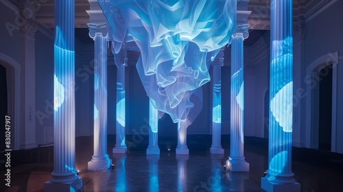 A surreal entablature blends traditional columns with abstract forms in ethereal light, creating a mesmerizing fusion. photo