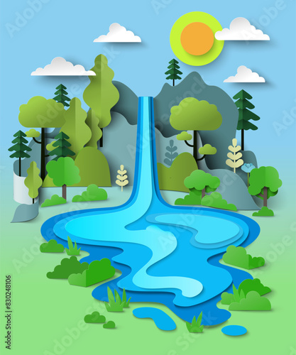 Enchanted waterfall flowing from mountain cliff over forest landscape papercut vector illustration. Fantasy stream, travel scenic and wild oasis panorama concept
