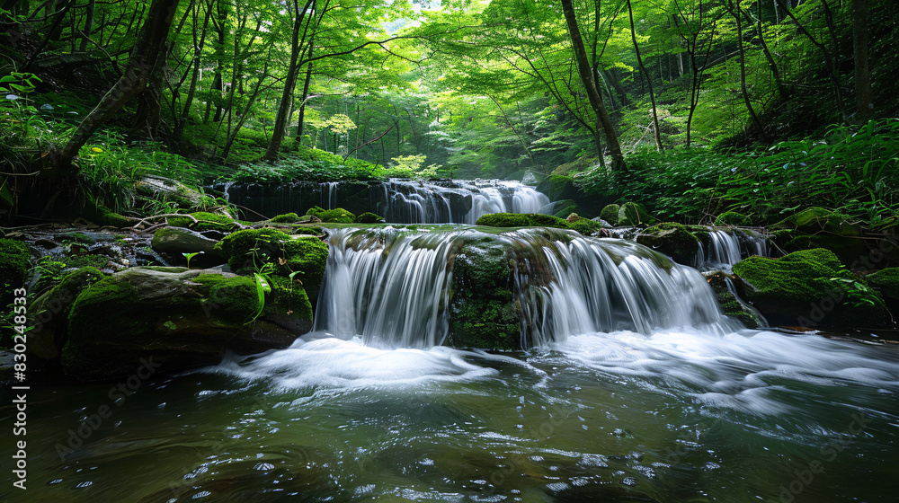 Fototapeta premium A serene waterfall flowing through a lush forest in Thailand