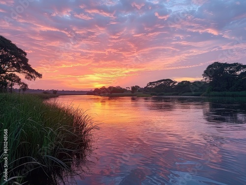 A serene sunrise over a tranquil river  with the sky gradually lightening from dark blue to soft pink and orange. The calm water reflects the sky  enhancing the peaceful and reflective atmosphere.