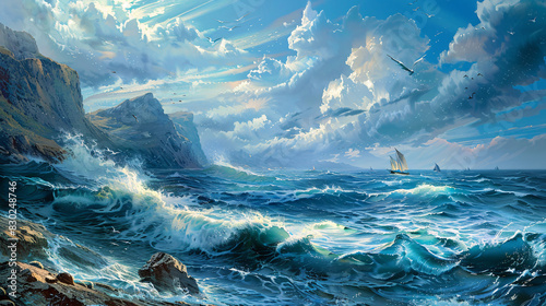 A painting of a stormy ocean with a boat in the distance photo