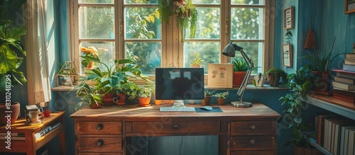 Vintage Desk A Serene Home Office Embracing Greenery and Natural Light