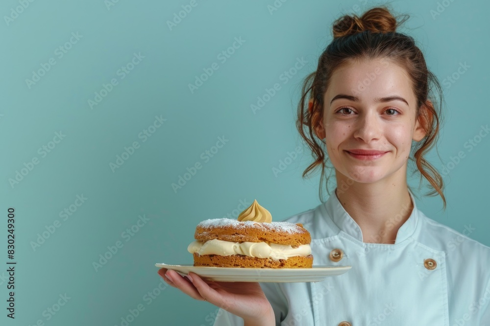 A woman holds a dessert, cake in her hand. Confectioner. Waiter. Blue background. Banner. Place for text. A woman holds a dessert, cake in her hand. Confectioner. Waiter. Blue background. Banner. Place for text.