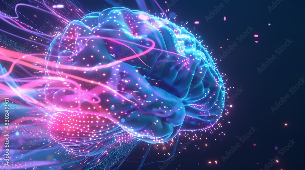 A vibrant digital illustration of a brain with neon synaptic connections and floating particles on a dark background symbolizing advanced technology and neuroscience concepts. 