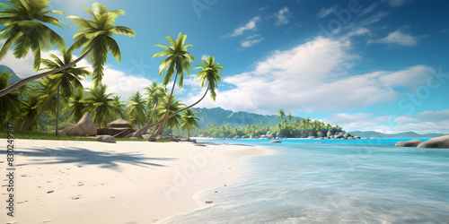 Illustration of ranquil beach scenes with white sand  clear blue water and palm trees