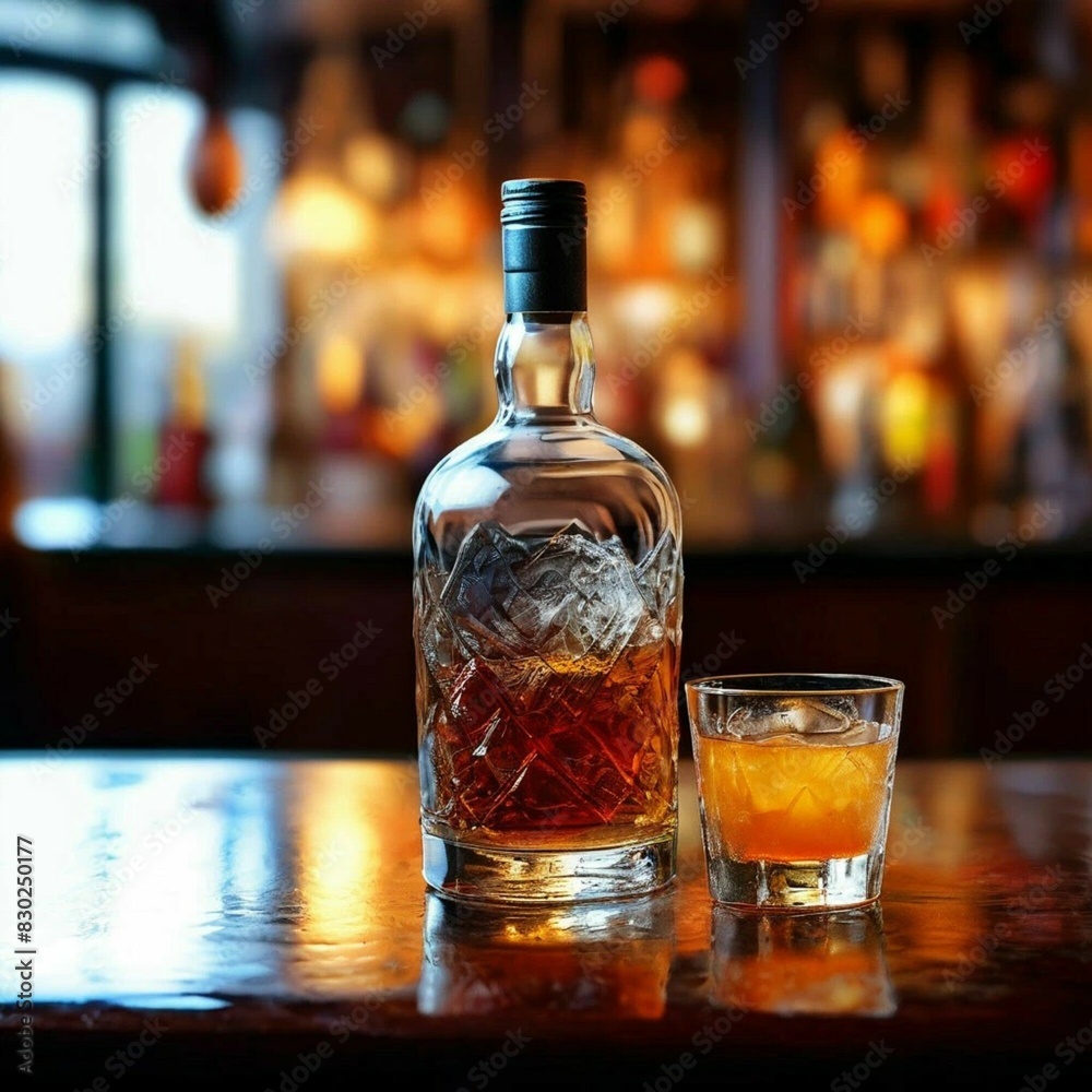 a bottle of cognac with a poured glass stands on the bar counter, a bottle of cognac with a poured glass stands on the bar counter,