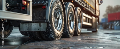 Semi trailer truck on the parking lot. Inspection maintenance truck wheels tires