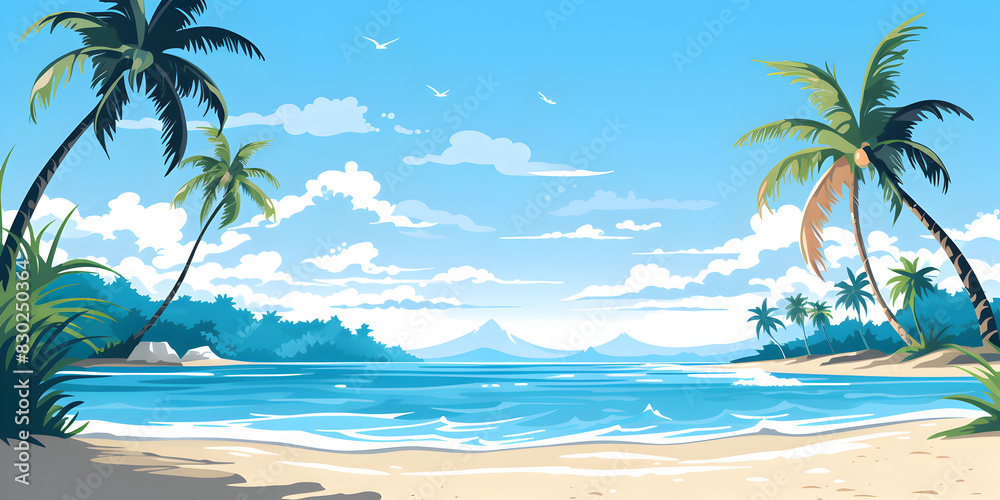 Illustration of ranquil beach scenes with white sand, clear blue water and palm trees
