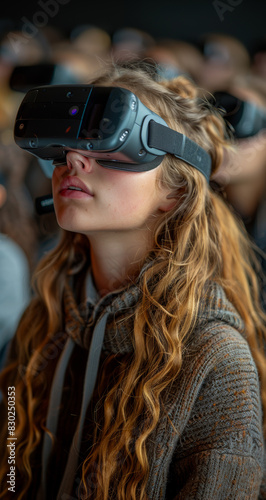 A woman wearing a virtual reality headset. She is looking at something in the distance.