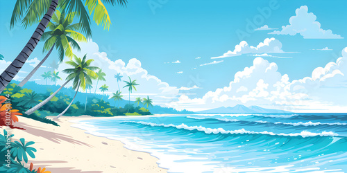 Illustration of ranquil beach scenes with white sand  clear blue water and palm trees