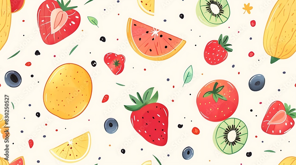 Colorful fruit pattern with a variety of illustrated fruits on a light background, perfect for a vibrant summer design theme. 