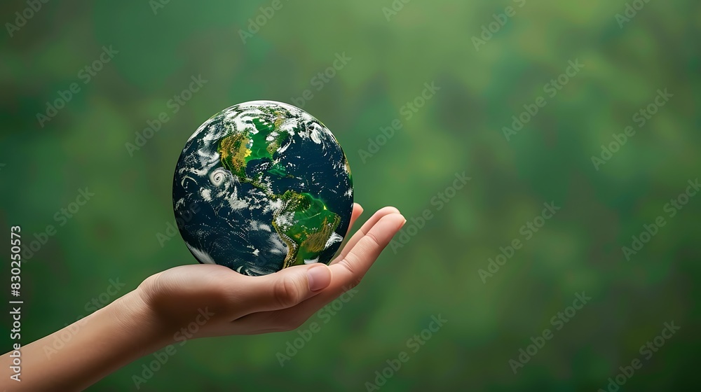 A hand holding a realistic miniature globe against a blurred green natural background symbolizing environmental care. A hand holding a realistic miniature globe against a blurred green natural background symbolizing environmental care.