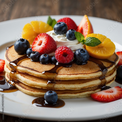 The most popular pancake, fresh cream, honey and fresh fruits on top.