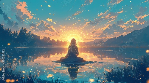 Self-reflection state of mind A person sitting by a quiet lake at sunset