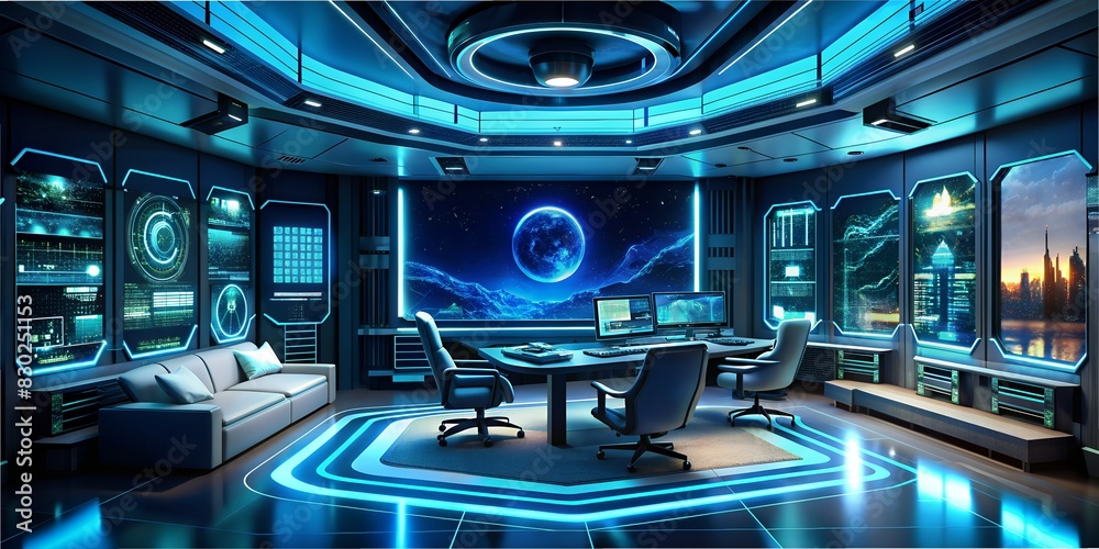 Smart home, home office of the future, housing with neon, future, housing with neon, stove of internet of things in modern concept smart technology future with puls, digital  2050s chain, wallpaper