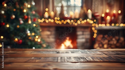 Cozy Christmas scene with a warm fireplace and a beautifully decorated tree  all bathed in soft golden lights.