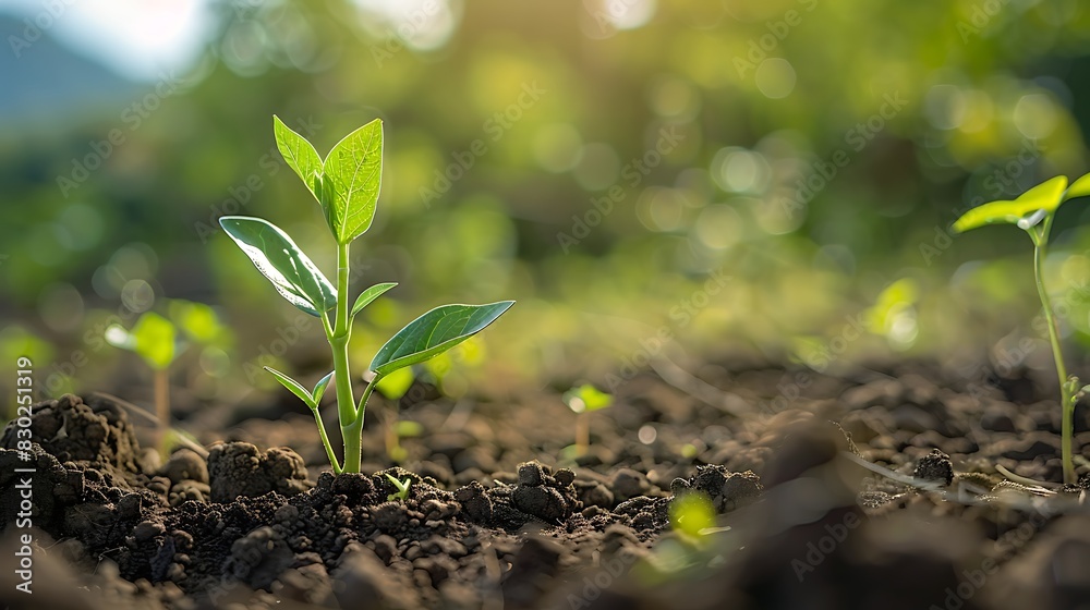 Fototapeta premium A young plant sprouting from fertile soil with a backdrop of sunlit bokeh, symbolizing growth and new beginnings. 