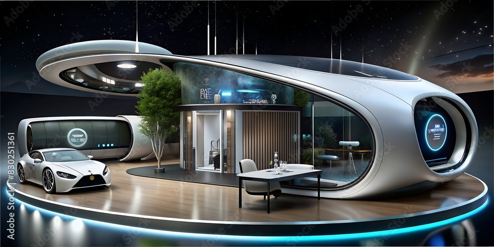 Obraz premium Smart home, home house of the future, housing with neon, future, housing with neon, stove of internet of things in modern concept smart technology future with puls, digital 2050s chain, wallpaper