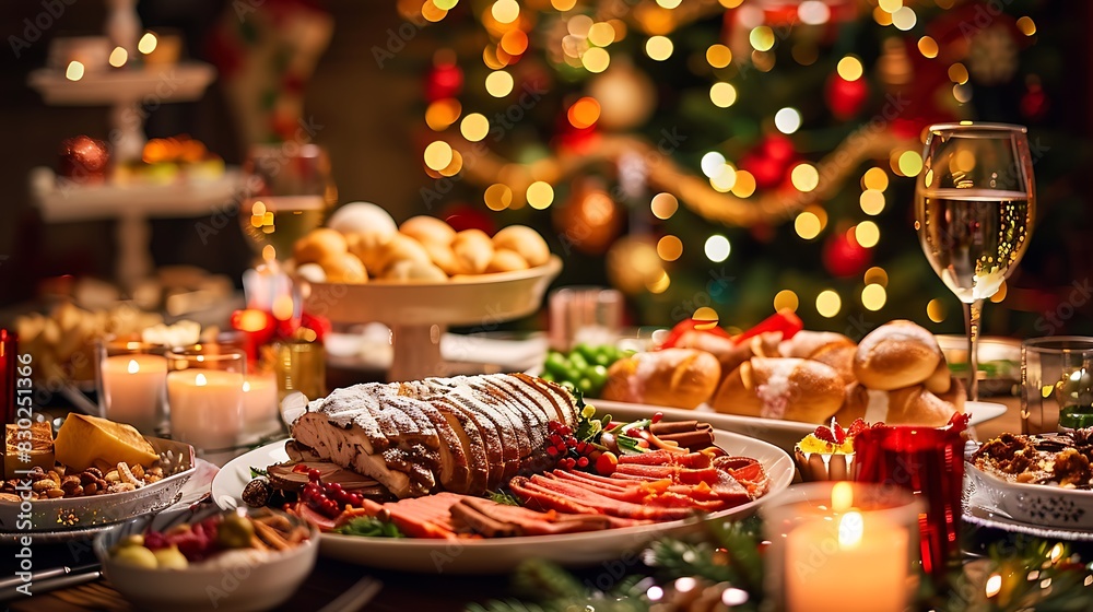 An inviting Christmas dinner table set with delicious food and sparkling festive decorations under the warm glow of candlelight and twinkling Christmas tree lights. 