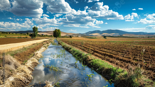 irrigation ditch flows through farmland, highlighting the importance of irrigation channels in supporting farming, crop growth, and rural infrastructure photo