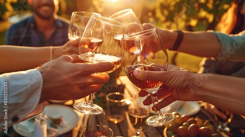 A group of friends toasting with wine glasses at a golden hour outdoor gathering. 