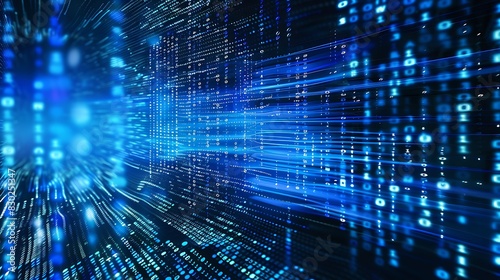 Abstract image of a digital data stream in blue with binary code representing modern technology and cybersecurity concept. 