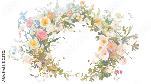 2d Illustration of a Beautiful Botanical Wreath Featuring Flowers