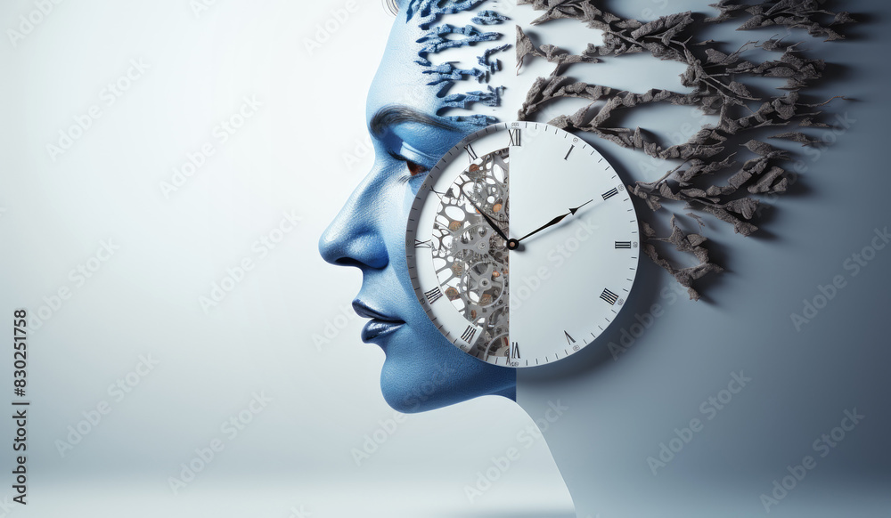 woman's face in profile with a watch, a concept of aging, transience of life, fading beauty