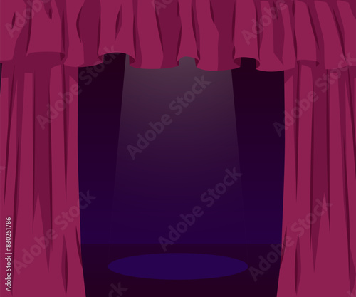 Burgundy curtains and draperies on the cornice, vector theatre labrecque decoration on the scene with spotlight, stage