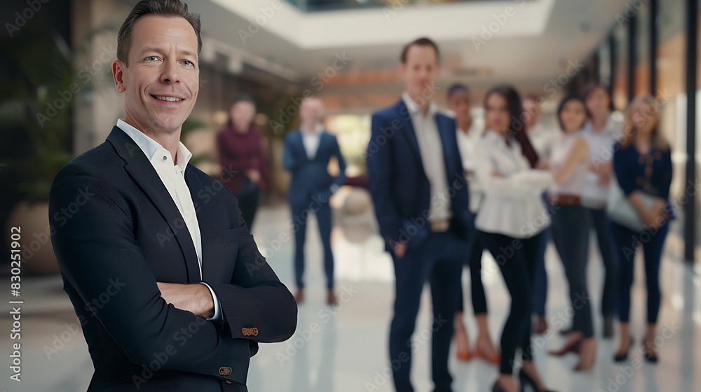 Confident businessman standing in front of a team of professionals in a modern office corridor Confident businessman standing in front of a team of professionals in a modern office corridor