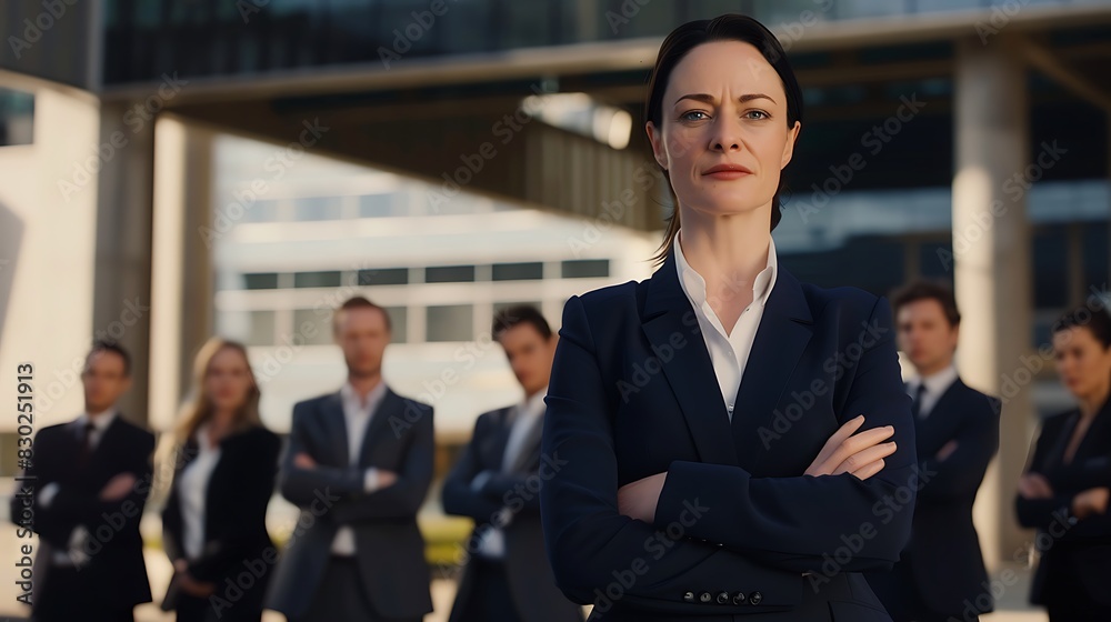 A confident businesswoman stands in front of her team on a modern office building background, exuding leadership and professionalism. A confident businesswoman stands in front of her team on a modern office building background, exuding leadership and professionalism.