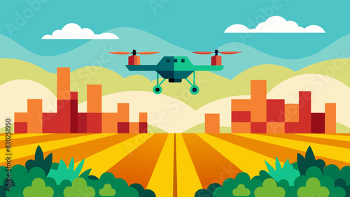 On the outskirts of the city a specialized agricultural drone hovers above vast fields using its AIpowered sensors to optimize crop growth and maximize yield.. Vector illustration