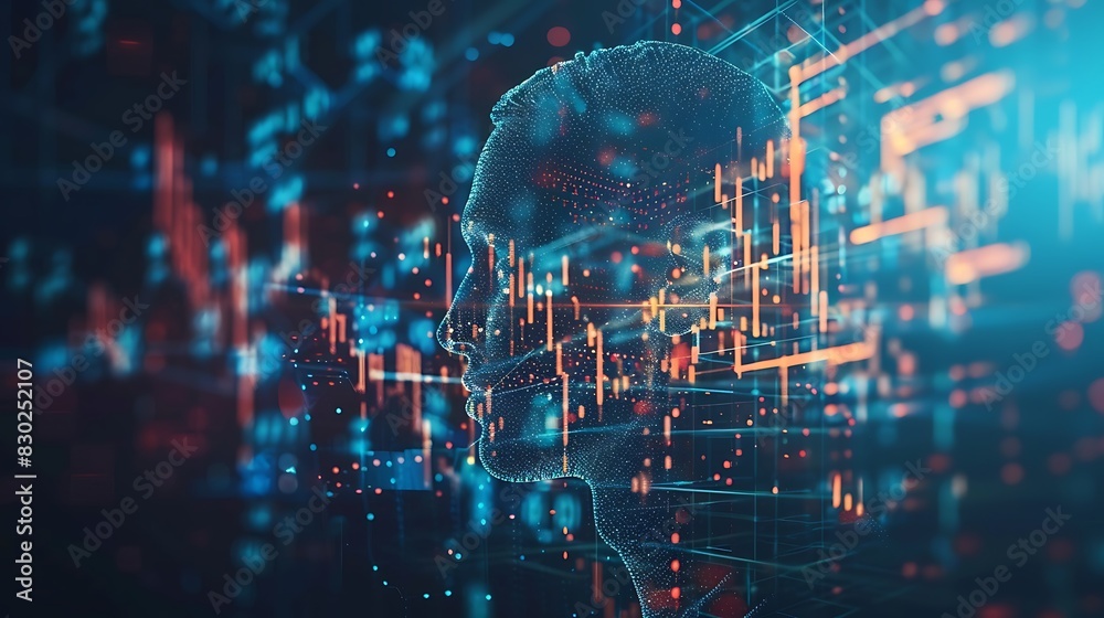 Digital representation of a human brain with dynamic data points and circuits suggesting advanced technology or artificial intelligence concept. Digital representation of a human brain with dynamic data points and circuits suggesting advanced technology or artificial intelligence concept.