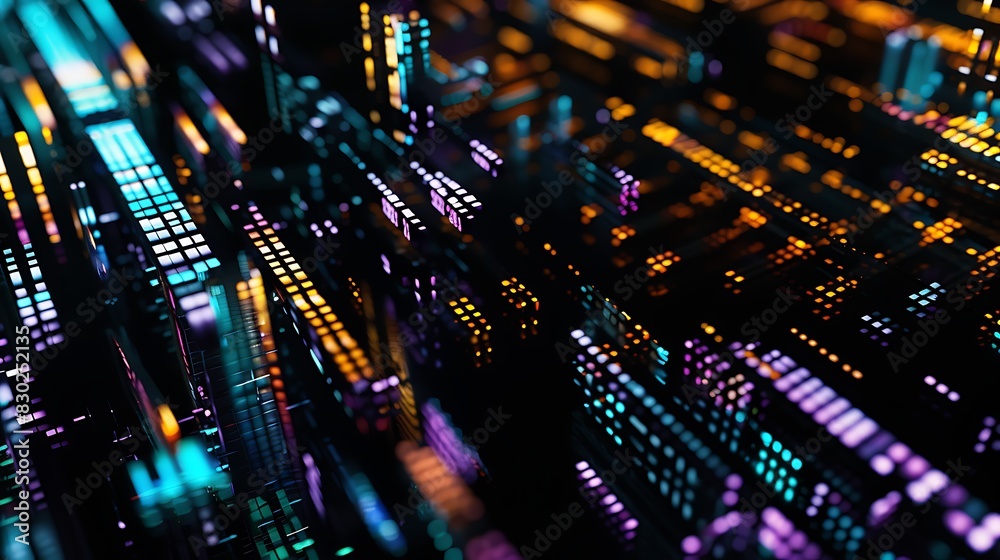 Abstract close-up of illuminated circuit board resembling a futuristic cityscape at night. Abstract close-up of illuminated circuit board resembling a futuristic cityscape at night.