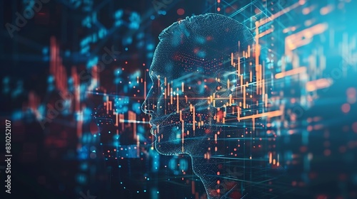 Digital representation of a human brain with dynamic data points and circuits suggesting advanced technology or artificial intelligence concept.