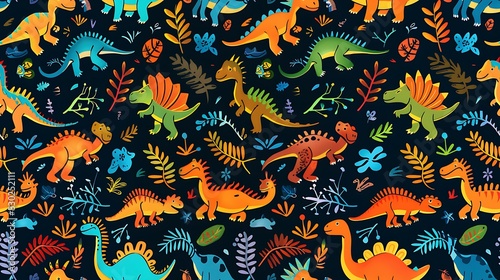 Fototapeta Naklejka Na Ścianę i Meble -  Colorful pattern with various dinosaurs and foliage on a dark background for playful designs
