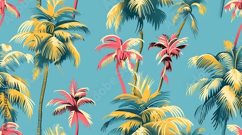 Vibrant tropical palm tree pattern on a teal background, ideal for summer and travel-themed designs