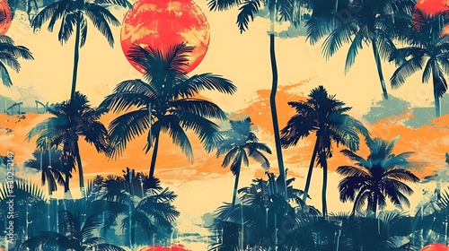 Tropical sunset with silhouetted palm trees against a vibrant sky  capturing an exotic holiday vibe. 