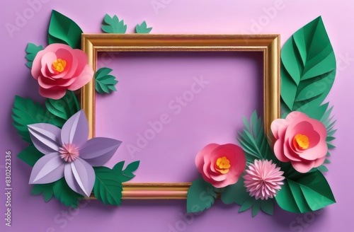 Stunning AI generated floral frame with vibrant 3D paper flowers on a pastel purple