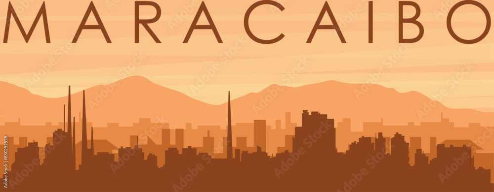 Brown panoramic poster of the city skyline with misty background buildings, sunrise, clouds and mountains of MARACAIBO, VENEZUELA Brown panoramic poster of the city skyline with misty background buildings, sunrise, clouds and mountains of MARACAIBO, VENEZUELA
