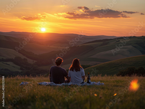 Couple enjoying a romantic sunset picnic on a scenic hilltop  capturing the serene beauty of nature with rolling hills and vibrant sky colors  perfect for travel and lifestyle imagery.