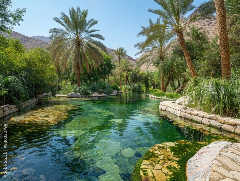 A tranquil oasis hidden in a remote desert valley, with lush vegetation and a pristine lagoon surrounded by towering palm trees. The oasis is a sanctuary of life 