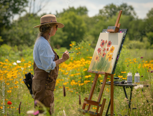 A woman artist painting vibrant wildflowers on a canvas in an outdoor field, showcasing the beauty of nature and creativity in plein air painting, perfect for art and nature enthusiasts.