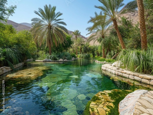 A tranquil oasis hidden in a remote desert valley  with lush vegetation and a pristine lagoon surrounded by towering palm trees. The oasis is a sanctuary of life 