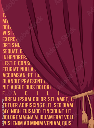 Burgundy curtains draperies with tassel vector invitation typographic poster, theatre stage textile drapery decoration