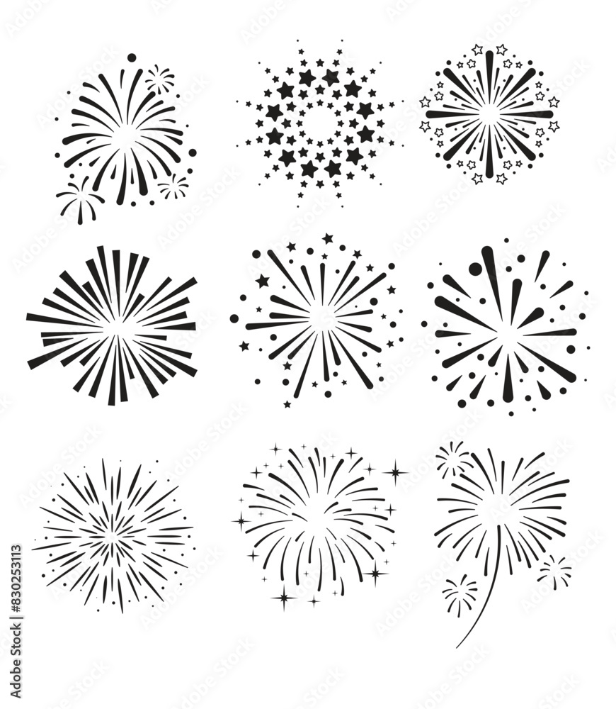 Set of hand drawn fireworks and sunbursts vector