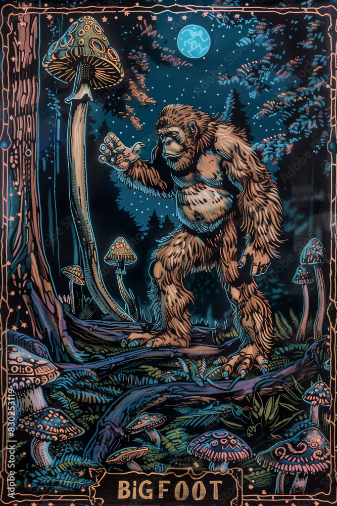 Obraz premium Bigfoot poster cryptid art. Sasquatch card illustration. Yowie artwork.