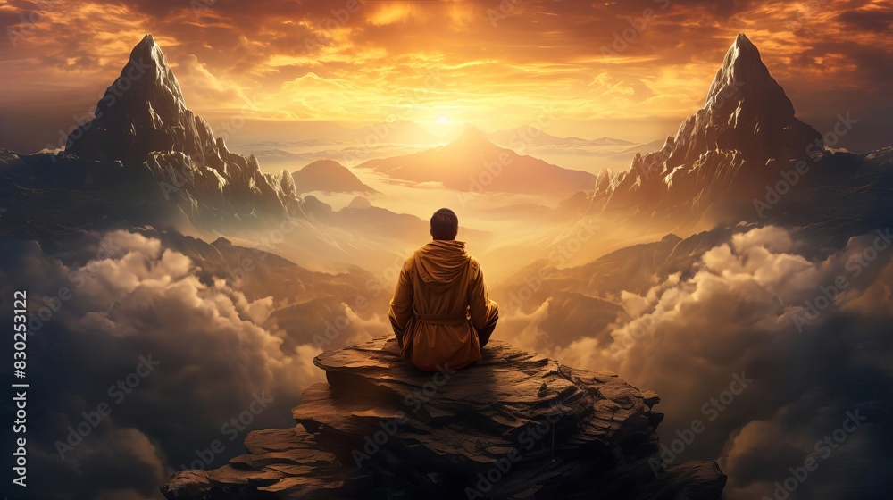 A person sitting cross-legged on a mountain peak at sunrise